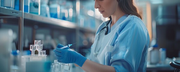 Female scientist wearing protective gear preparing a syringe in a laboratory setting with sunlight.