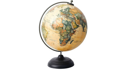 Vintage globe with visible continents and countries on a stand. Ideal for educational purposes, travel themes, or decor inspiration.