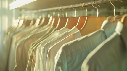 Clean clothes on hangers after dry-cleaning displayed on indoor rack in sunny day