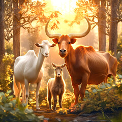 A goat,cow and camel are standing next to each other in forest with bushes; wild animals