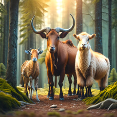 A goat,cow and camel are standing next to each other in forest with bushes; wild animals