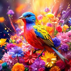 A Painted Bunting bird surrounded be an explosion of colorful flower.