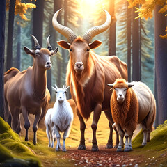 A goat,cow and camel are standing next to each other in forest with bushes; wild animals