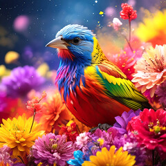 A Painted Bunting bird surrounded be an explosion of colorful flower.
