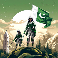 A poster for the army with a flag and a soldier holding a flag pakistan independence day .
