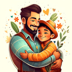 Cute cartoony characters hugging father's day.
