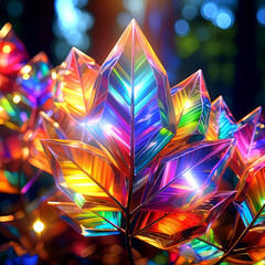 Surreal geometric prism leaves, with light flares casting vibrant reflections