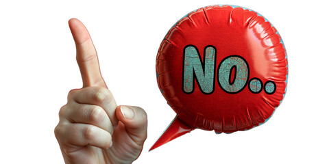 speech bubble with No.. text on it with solid colored copyspace , sign isolated, hand with sign