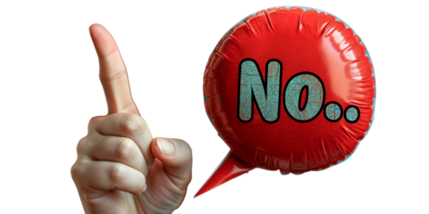speech bubble with No.. text on it with solid colored copyspace , sign isolated, hand with sign