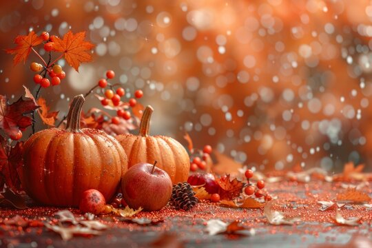 thanksgiving harvest scene, celebrating thanksgiving with pumpkins, fruits, falling leaves, and a vibrant bokeh backdrop a joyous thanksgiving day scene