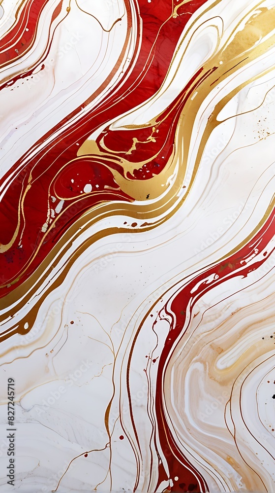 Wall mural Abstract Marble Wave Acrylic Background. White and red Marble Texture with golden Ripple Pattern.