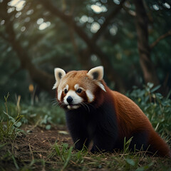 Fototapeta premium a red panda, using an analog camera to achieve a dreamlike quality reminiscent of the cosmos.