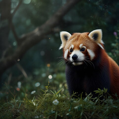 Fototapeta premium a red panda, using an analog camera to achieve a dreamlike quality reminiscent of the cosmos.
