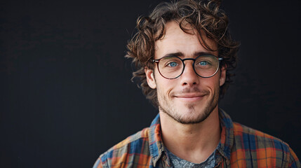 Obraz premium Confident male with glasses and a happy expression, standing with copyspace