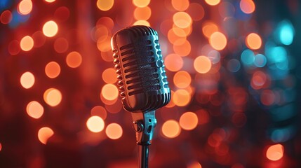 A close-up shot of a retro metal microphone on a stage stand with a bokeh light background. Karaoke...