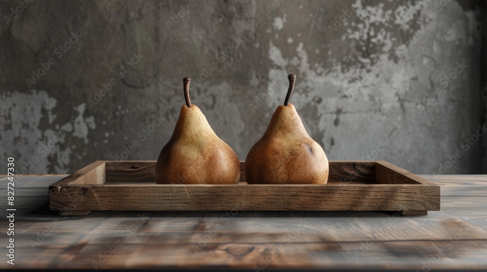 Wall mural two pears on a wooden tray in close-up. ai generative. - Wall murals