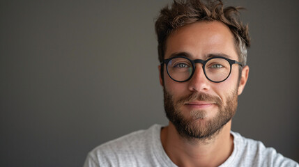 Fototapeta premium Confident young man with eyeglasses smiling against a grey background