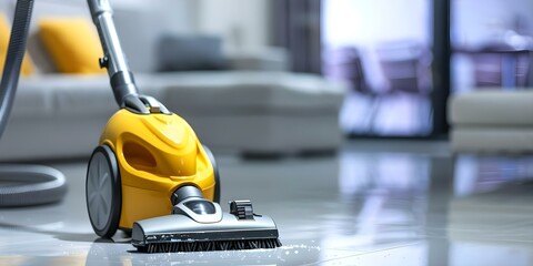 Fototapeta premium Confident individual masterfully cleans with a vacuum for pristine living quarters. Concept Cleaning Tips, Vacuum Techniques, Organized Living, Home Maintenance, Productive Habits
