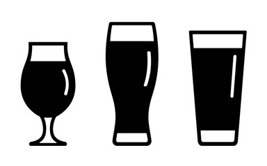 Stout beer icon set, black silhouette isolated on white. Drink in tall pint glass and tulip glass, stencil style. Vector clipart, minimalist sign or simple logo for bar and pub or Octoberfest design.