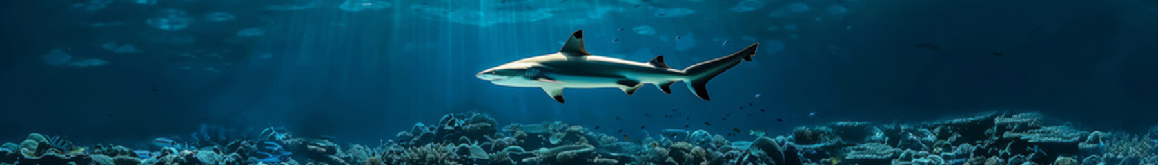 Lone Reef Shark Near a Coral Bed with Sunlight Filtering Through