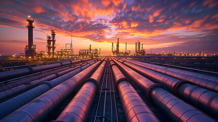 Evening view of a natural gas processing plant with towering chimneys and storage tanks