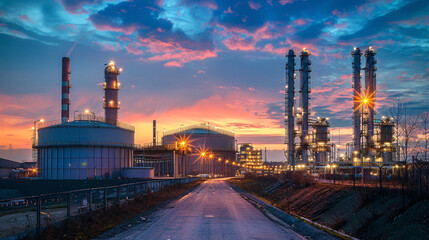 Evening view of a natural gas processing plant with towering chimneys and storage tanks