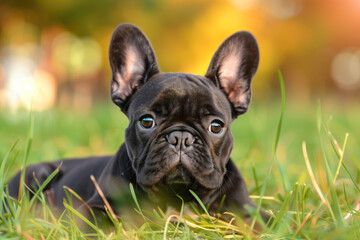 Fototapeta premium Black French Bulldog in grass