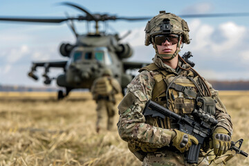 Soldier and helicopter in field
