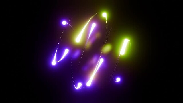 Neon colorful glowing lines particles animation with logo intro effect on black background 4K. Abstract motion background featuring violet and green light streaks