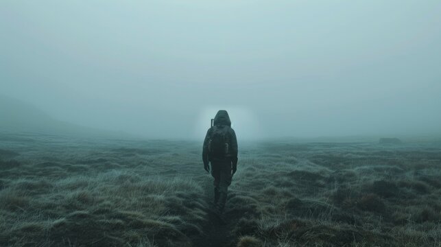 A person is walking through a foggy field