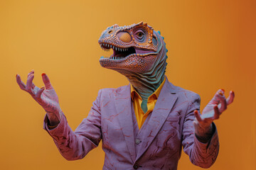 A man in a purple suit is wearing a dinosaur mask