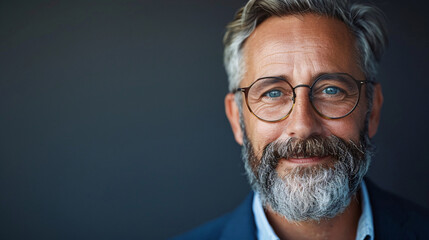 Fototapeta premium Friendly businessman with a beard and eyeglasses, looking happy with copyspace