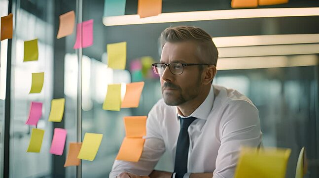 A businessman stands in front of a glass wall with colorful sticky notes on it. The approach reflects the analysis process in which a manager prepares a comprehensive strategy for his company.