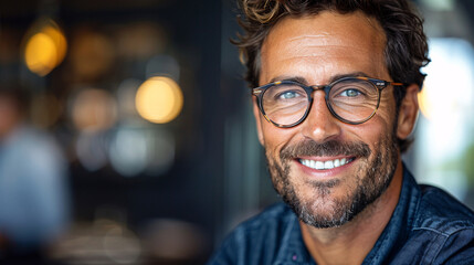 Handsome businessman with stylish glasses, smiling confidently with copyspace - Powered by Adobe