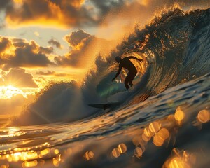 Surfing on artificial wave, Paris, Olympic 2024, sunset, contemporary, fluid action