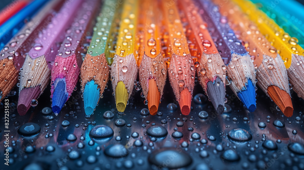 Wall mural Close-up of colorful wet pencils arranged in a row with water droplets on their tips, creating a vibrant and fresh look. Generative AI.