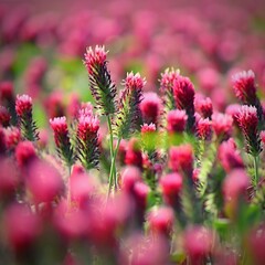 A beautiful blooming red field in the Czech Republic. Concept for nature and agriculture. Beautiful red flowers. Spring nature background. Clover incarnate - Trifolium incarnatum