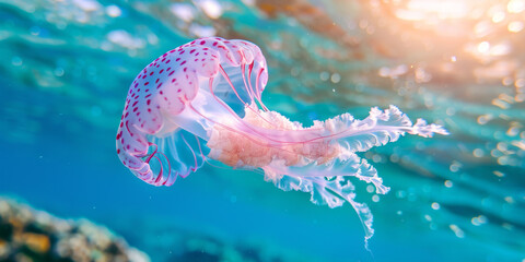 A jellyfish is swimming in the ocean - Powered by Adobe