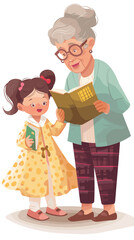 Baby Girl Reading Book to Grandmother, Spending Quality Time Together at Home, Babysitting and Child Care Concept