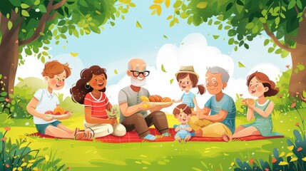 A multi-generational family enjoying a picnic in a sunny park, with grandparents seated in the center and children playing around cartoon Vector Illustration