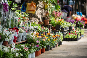 Fair of flowers in Tbilisi Georgia. Beautiful flowers and plants for home or garden, soft focus. Various bouquets in baskets for sale at street market