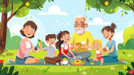 A multi-generational family enjoying a picnic in a sunny park, with grandparents seated in the center and children playing around cartoon Vector Illustration