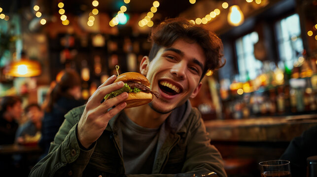 Man eating sandwich amidst crowded restaurant