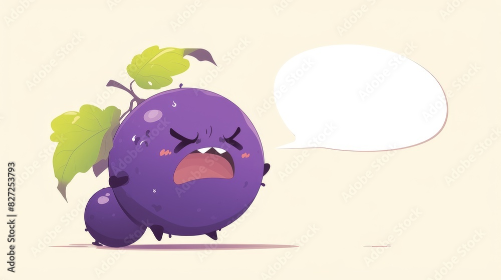 Wall mural illustration of a blackcurrant mascot expressing anger with a speech bubble in a cartoon style