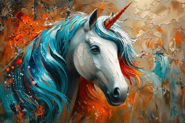 Abstract painting of a white unicorn with blue mane and horn.