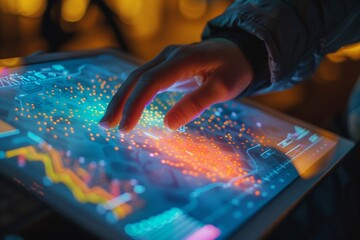 Obraz premium People using tablets to interact with various big data visualizations The screen displays detailed heat maps and graphs.