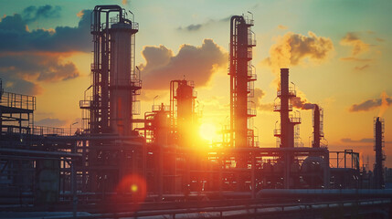Obraz premium Sunset over an industrial plant, highlighting the intricate network of pipelines and storage tanks