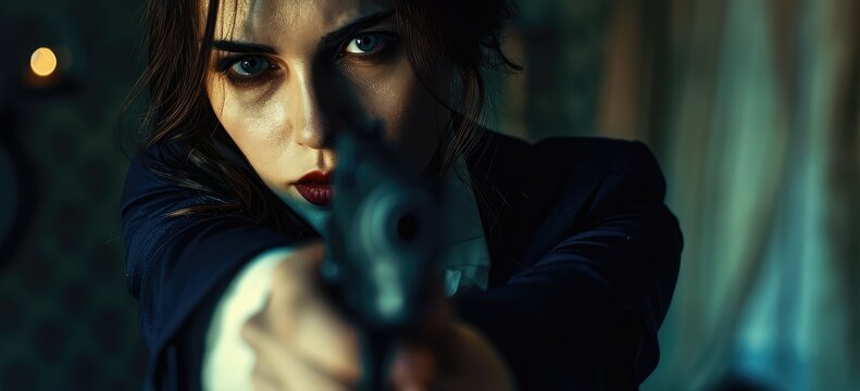 Woman with a pistol. Cinematic. AI generative.