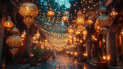 Obraz premium muslim holiday decor, eid al-adha decorations filling the room, creating a festive and joyous atmosphere with traditional items on walls and ceilings