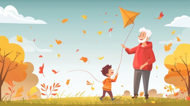 A Grandfather And Grandchild Flying A Kite Together On A Breezy Day At The Park Cartoon Vector Illustration